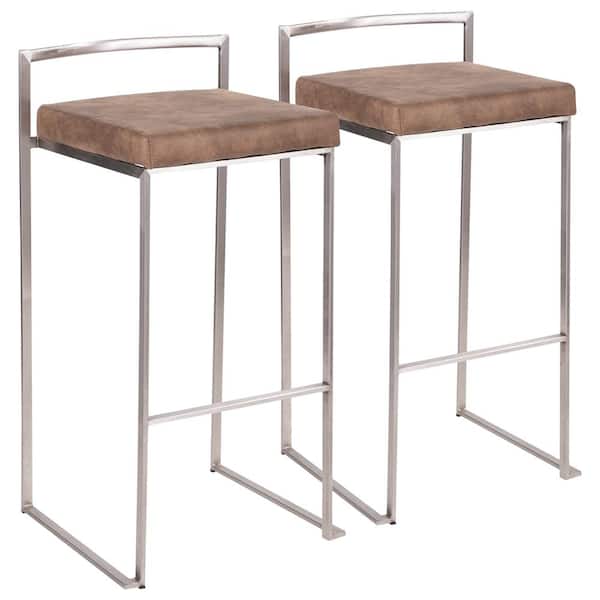 Lumisource Fuji 30 in. Stainless Steel Bar Stool with Brown Cowboy Cushion (Set of 2)