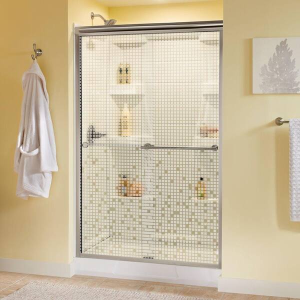 Delta Lyndall 48 in. x 70 in. Semi-Frameless Sliding Shower Door in Brushed Nickel with Mozaic Glass