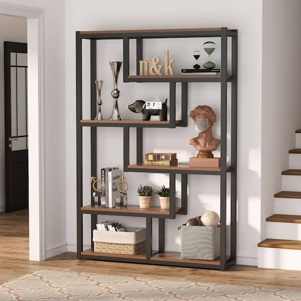 TRIBESIGNS WAY TO ORIGIN Frailey 69 in. Tall Rustic Brown Wood 6-Shelf Standard Bookcase with Interior Shelves, Sturdy Metal Frame Home Office