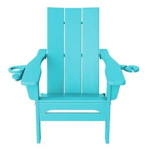 Classic Peacock Blue Folding Plastic Adirondack Chair with Double Cup Holder