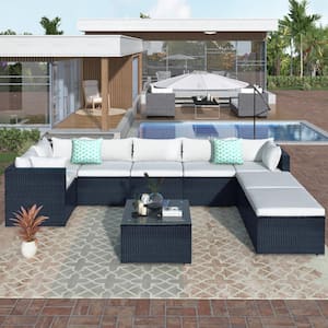 Black 9-Piece Wicker Outdoor Patio Conversation Sets Sofa with Beige Cushions