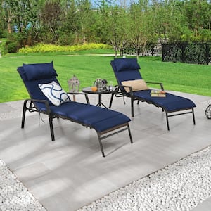 3-Piece Metal Outdoor Chaise Lounge with Blue Cushions