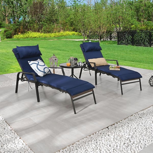 Patio Festival 3-Piece Metal Outdoor Chaise Lounge with Blue Cushions