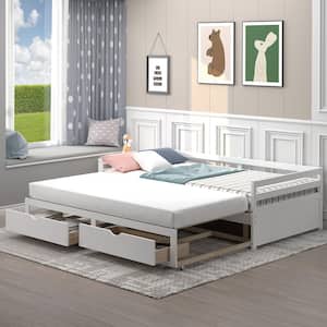 White Convertible Twin to King Daybed with 2-Drawers Wooden Sofa Bed for Bedroom Living Room