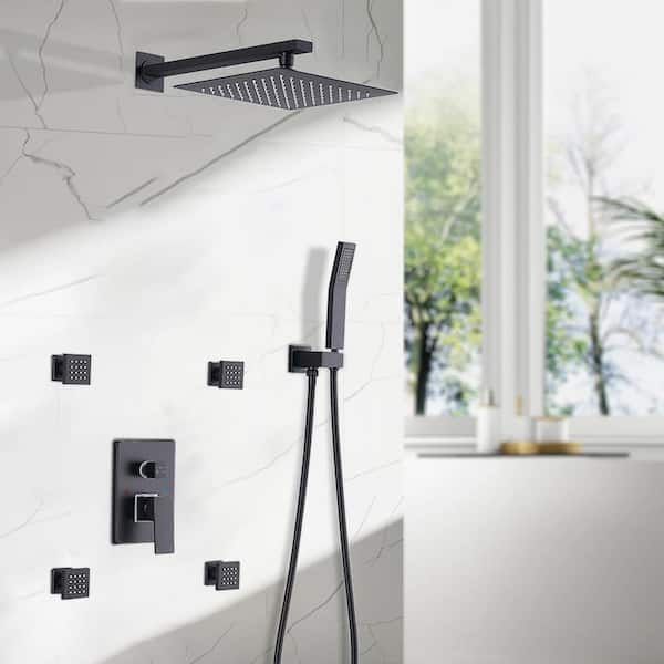 Single-Handle 3-Spray Shower Faucet Handheld Shower Combo Kit 4-Body Jets and Shower Head in Matte Black with Valve