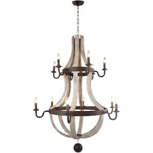 Wine Barrel 12-Light Brown Wood 2 Tiers Chandelier for Stairsway with No Bulbs Included