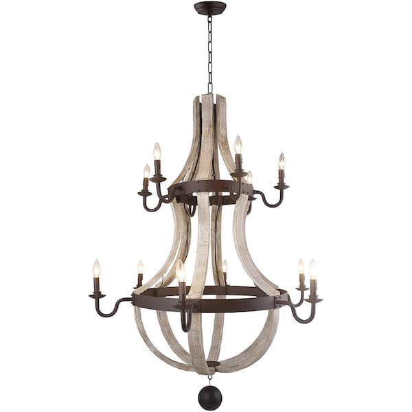 Unbranded Wine Barrel 12-Light Brown Wood 2 Tiers Chandelier for Stairsway with No Bulbs Included
