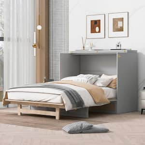 Gray Wood Frame Queen Size Murphy Bed with Large Drawer, Rattan Decoration