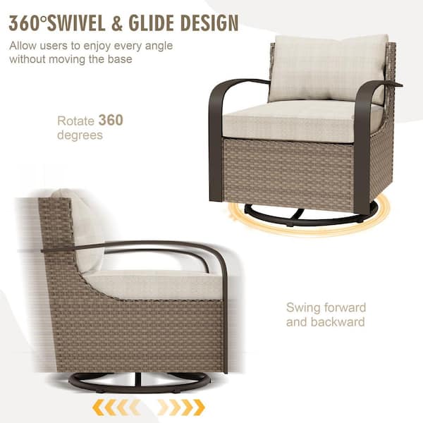 Outdoor Patio Wicker Lounge Chair Swivel Rocking Chair with Beige Cushions