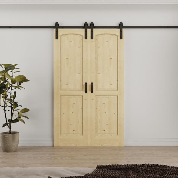 48 in. x 80 in. (Double 24 in. ) Arch 2-Panel Unfinished Solid Core Pine Wood Sliding Barn Door with Hardware Kit