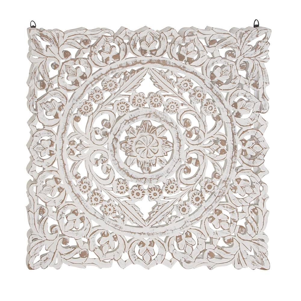 Whitewashed Wood Botanical Carved Wall Panel, 36" Square