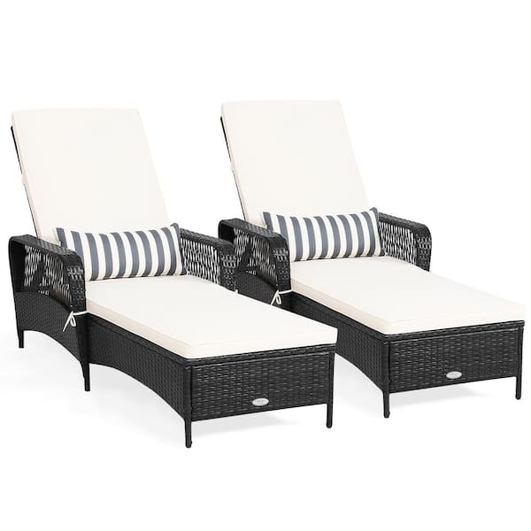 Gymax Patio Cushioned Armchair Adjustable Bracket Wicker Outdoor Chaise Lounge Chair with Off White Cushions Set of 2 Chairs