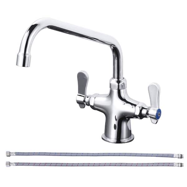 WOWOW Double Handle Deck Mount Commercial Standard Kitchen Faucet with 10 in. Swivel Spout and Supply Lines in Polished Chrome