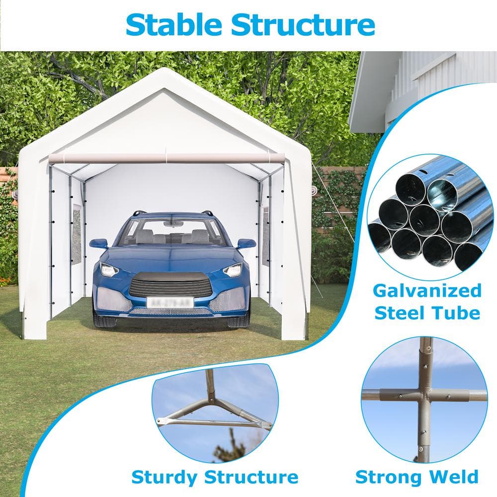10' x 20' White Portable Steel Frame Carport with Windows