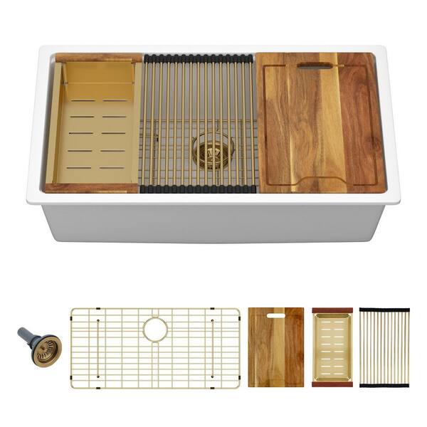 30 in. Drop-In Single Bowl No Gauge Applicable White Quartz Kitchen Sink and Bottom Grids