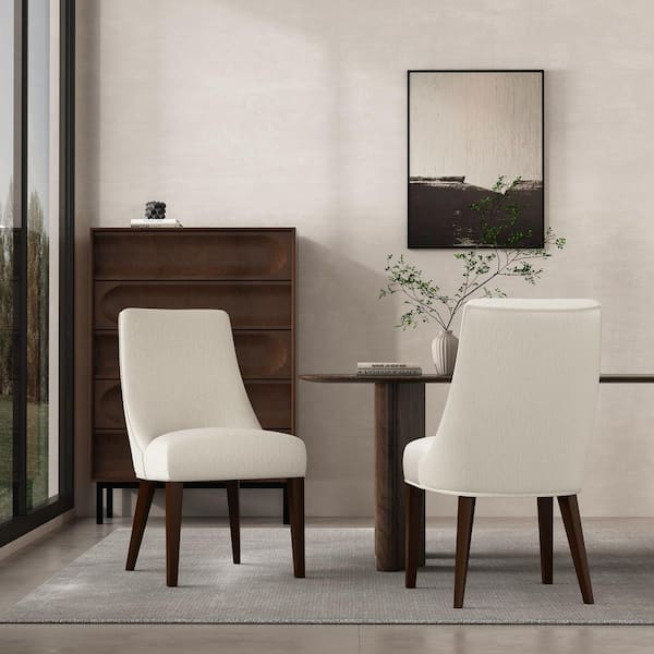 Manhattan Comfort Beever Modern Cream Chenille Fabric Upholstered Dining Side Chair with Rubberwood Legs (Set of 2)