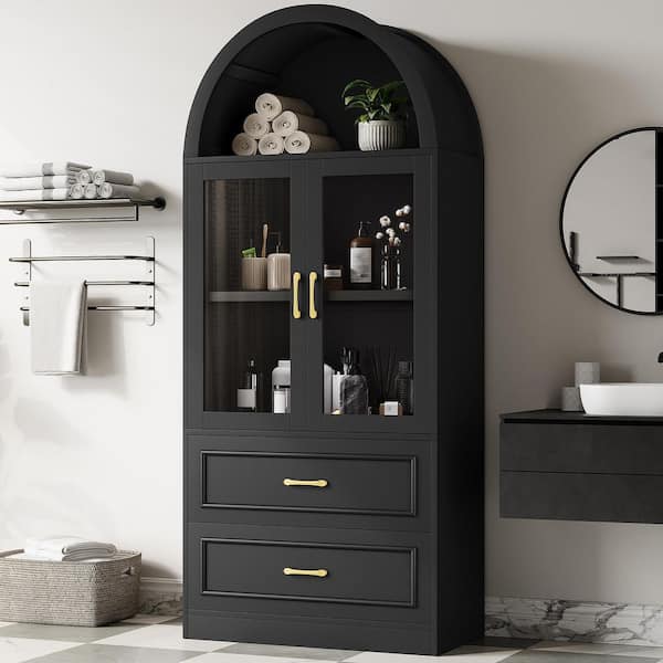 Black 71.25 in. H Arched Top Storage Cabinet with 2 Tempered Glass Doors and 2 Large Drawers