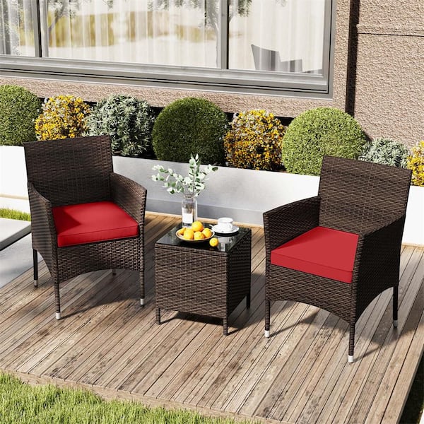 3-Piece Wicker Patio Conversation Set with Tempered Glass Tabletop and Red Cushions