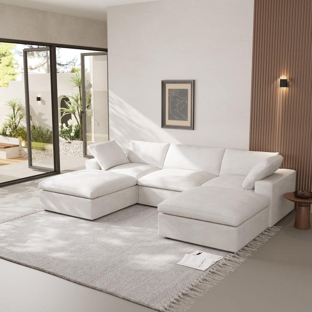 118 in. Square Arm 5-piece Linen Oversized Down Modular Free Combination Sectional Sofa with Storage Ottoman in. White