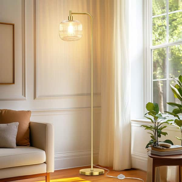 67 in. Modern Brushed Gold Standing Arc Floor Lamp for Living Room Standing Lamp w/Clear Ribbed Glass Shade Pedal Switch