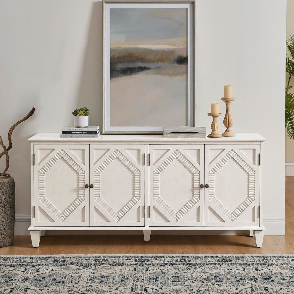 65 in. Antique White MDF Sideboard Buffet Cabinet with Geometric Accent Storage Media Console for Living Room Entryway