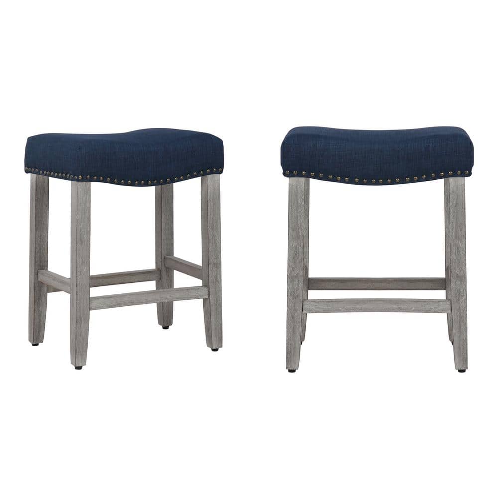 Antique Gray and Navy Blue Saddle Style Wood Bar Stool, 24"