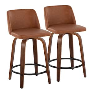 Toriano 24.25 in. Camel Faux Leather, Walnut Wood and Black Metal Fixed-Height Counter Stool (Set of 2)