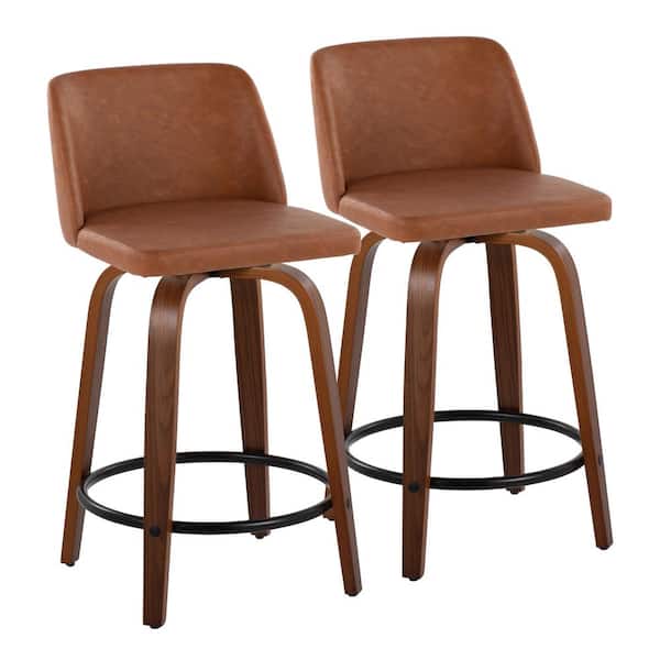 Toriano 24.25 in. Camel Faux Leather, Walnut Wood and Black Metal Fixed-Height Counter Stool (Set of 2)