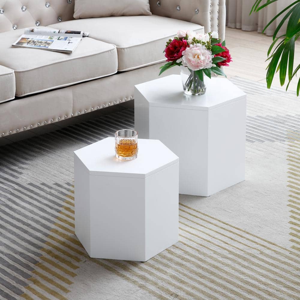 White Hexagon Outdoor Coffee Table for Living Room Office Patio Set of 2
