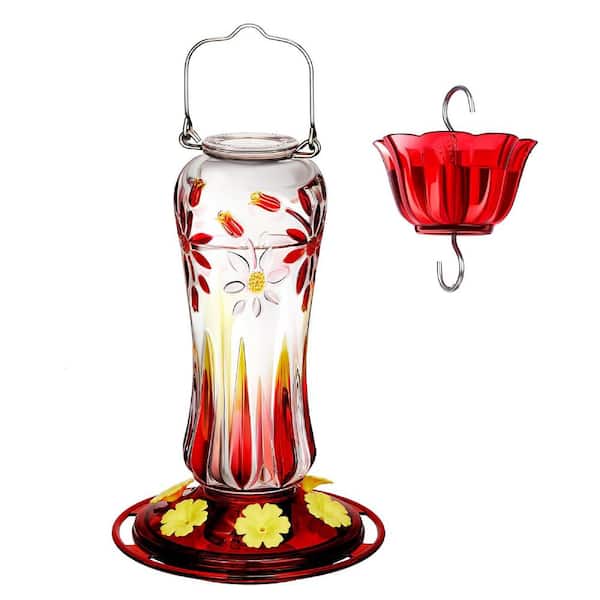 Red Finish Glass Hummingbird Feeder 25 oz. Nectar Feeder with Ant Moat and 6 Feeding Ports, Leak Proof