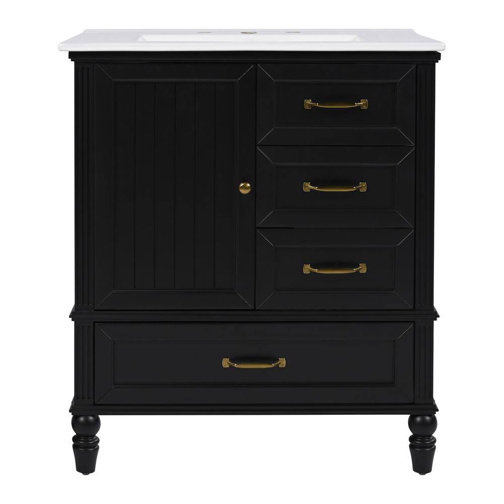 30 in. Freestanding Black Bath Vanity with White Ceramic Top, 3 Drawers and Bathroom Door Storage Cabinet Unassembled price history on PriceWatchPro