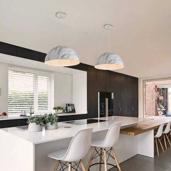 1-Light White Dome Pendant with Marble-Striped Metal Shade