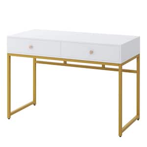 Moronia 47.2 in. Retangular White and Gold 2 Drawers Computer Desk Writing Table Makeup Vanity Table