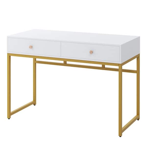 BYBLIGHT Moronia 47.2 in. Retangular White and Gold 2 Drawers Computer Desk Writing Table Makeup Vanity Table