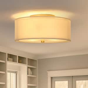 13 in.3-Light Modern White Small Drum Flush Mount Ceiling Light Fixtures Double Fabric Shade For Bedroom, Hallway