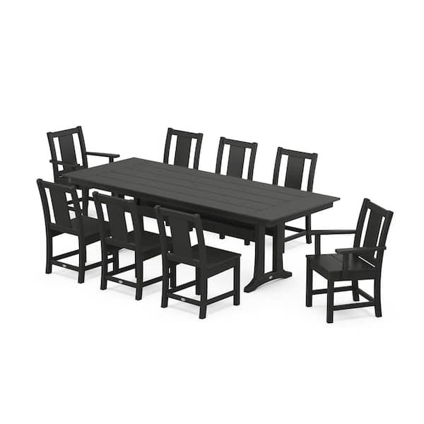POLYWOOD Prairie 9-Piece Farmhouse Trestle Plastic Rectangular Outdoor Dining Set in Black