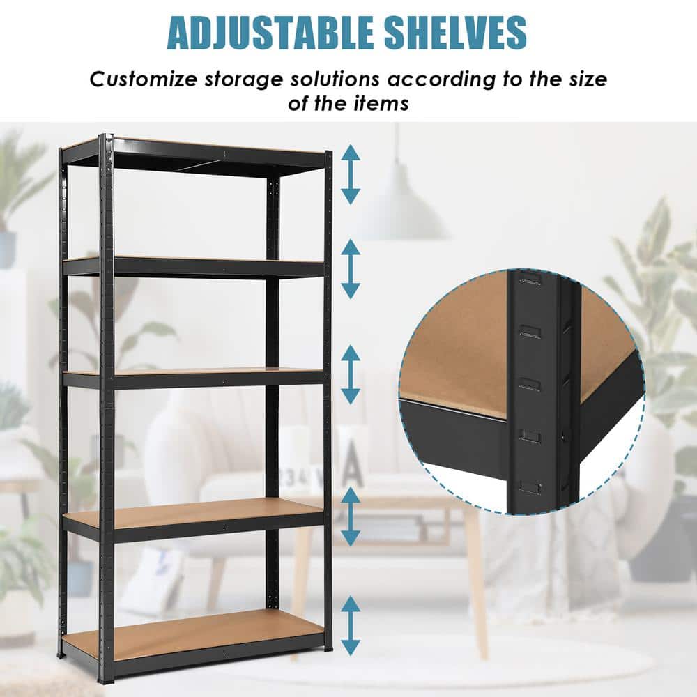 72'' Heavy Duty Black Steel Garage Rack with 5 Adjustable Wood Shelves