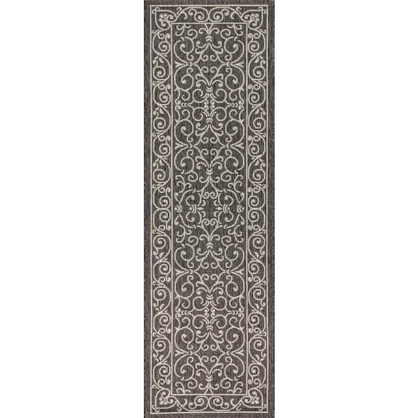 Charleston Vintage Filigree Textured Weave Black/Gray 2 ft. x 10 ft. Indoor/Outdoor Runner Rug