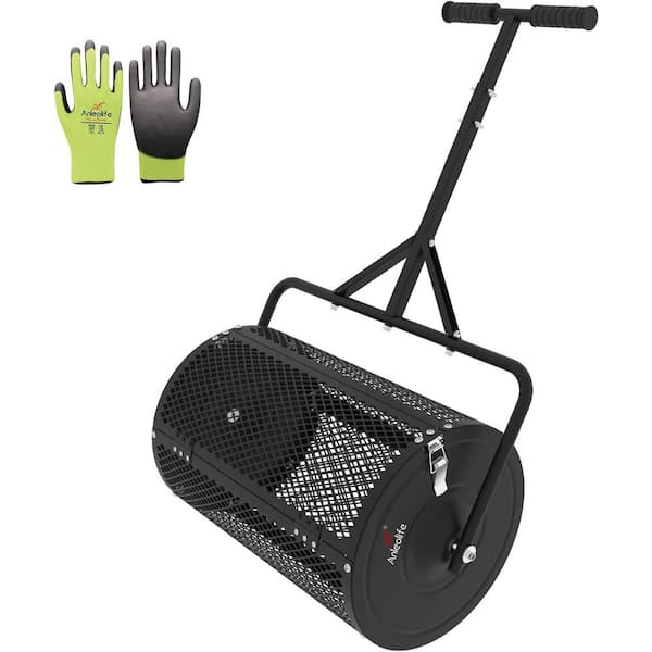 24 in. Black Iron Compost Spreader with Side Latches, Adjustable Handle