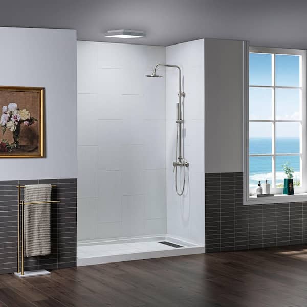 WOODBRIDGE 36 in. x 60 in. x 75 in. Solid Surface 3-Piece Easy Up Adhesive Alcove Shower Wall Surround in Matte White