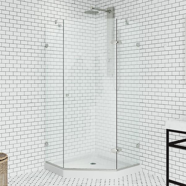 VIGO Verona 38 in. L x 38 in. W x 77 in. H Frameless Pivot Neo-angle Shower Enclosure Kit in Brushed Nickel with Clear Glass