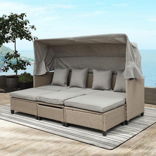 Polibi UV-Resistant Resin Wicker Outdoor Sectional Set Sofa Set with Brown Cushions Retractable Canopy and Lifting Table
