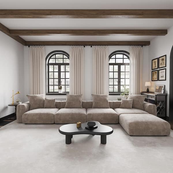 181 in. Brown Square Arm 5-Piece Corduroy L-Shaped Modular Free combination Sectional Sofa with Ottoman