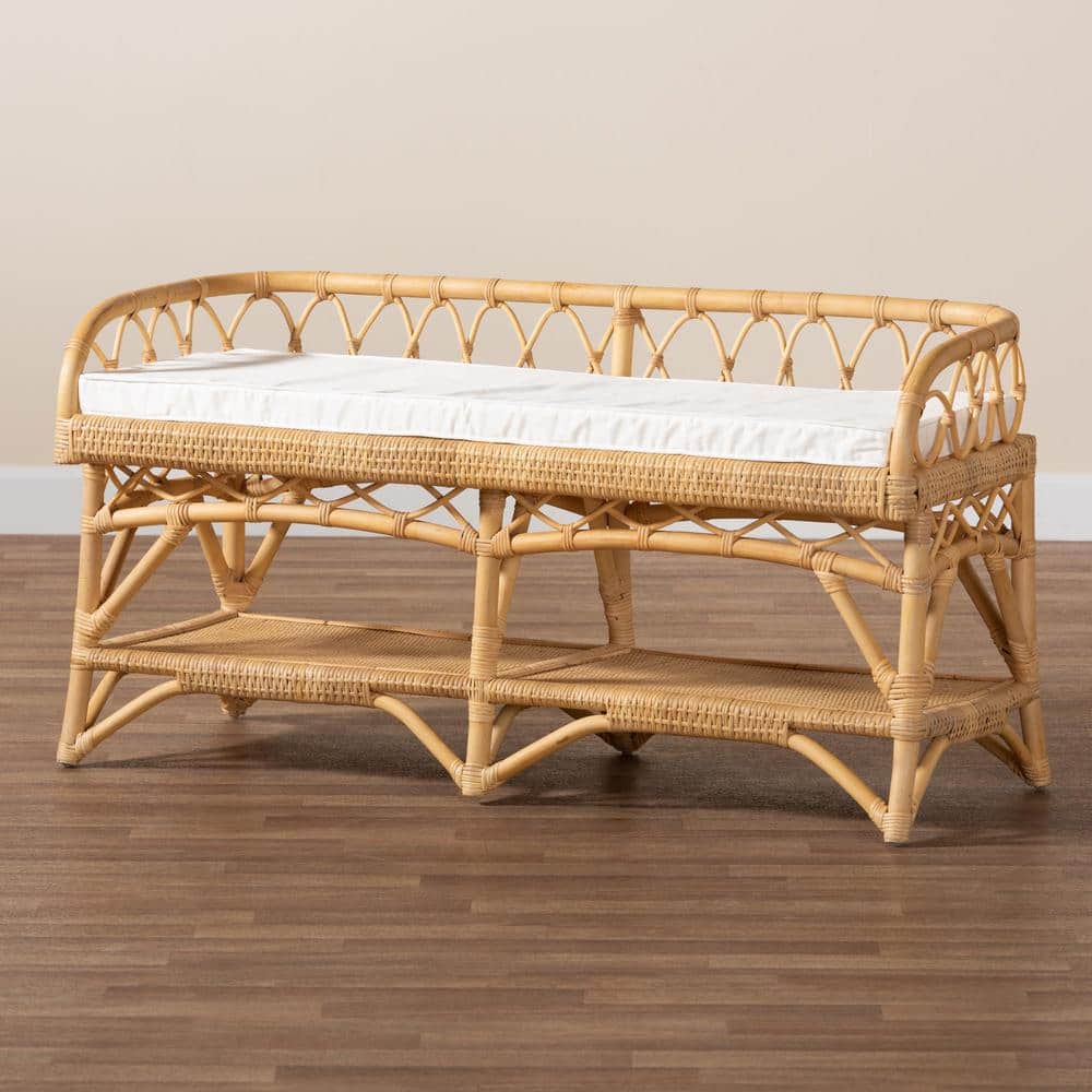 Natural Rattan Bench with Storage and Cushion