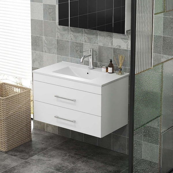 32 in. Wall Mounted Single Sink White Bath Vanity with White Ceramic Top Requires Assembly