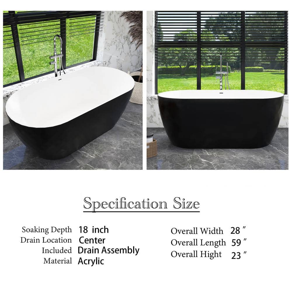 59" Black and White Acrylic Double Slipper Freestanding Bathtub