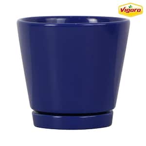4.4 in. Piedmont Small Blue Ceramic Planter (4.4 in. D x 4.2 in. H) with Drainage Hole and Attached Saucer