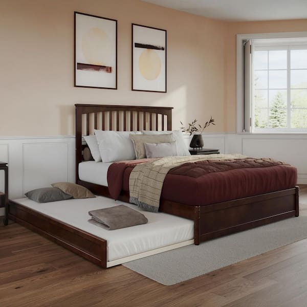 AFI Everett Walnut Brown Solid Wood Frame Queen Platform Bed with Panel Footboard and Twin XL Trundle