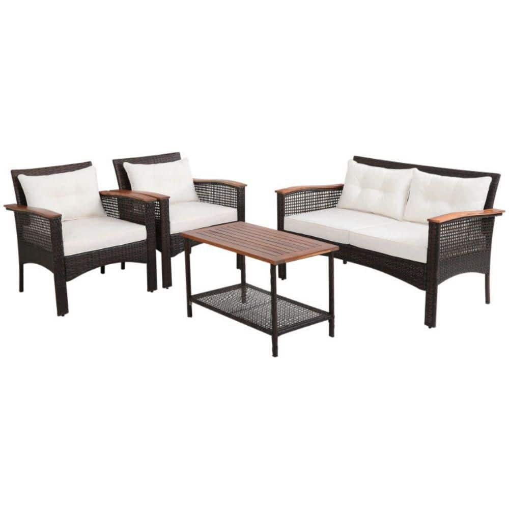 4-Piece Brown Steel Patio Conversation Set with White Cushions