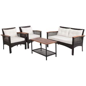 4-Pieces Patio Rattan Acacia Wood Patio Conversation Set with White Cushions